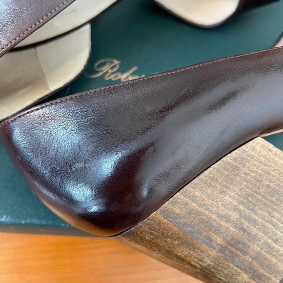 Robert Clergerie Peep Toe Wooden Block Heels Brown Size 37 - Picture 8 of 10